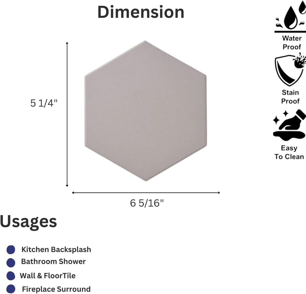 Tenedos Fusion Hexagon Matte 5x6 Hex Glazed Floor Wall Porcelain Tile Backsplash for Kitchen, Bathroom Shower, Accent Decor (Grey, Box of 20 Pieces)
