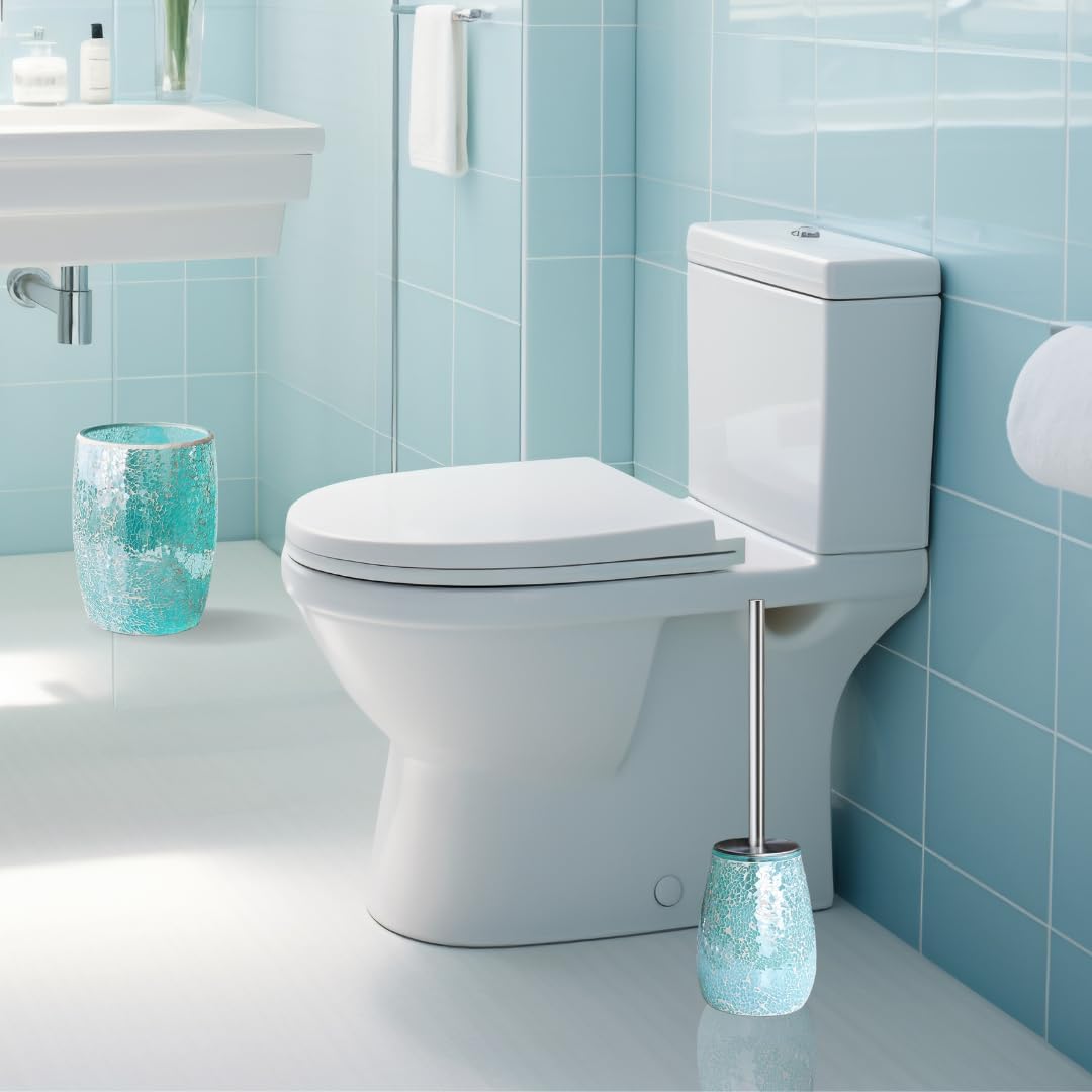 Modern Green Bathroom Accessories Sets 6 Pcs | Luxurious Toilet Brush, Small Trash Can, Glass Soap Dispenser, Toothbrush Holder, Cotton Glass Jar, Vanity Tray | Turquoise Bathroom Decor Mosaic Glass