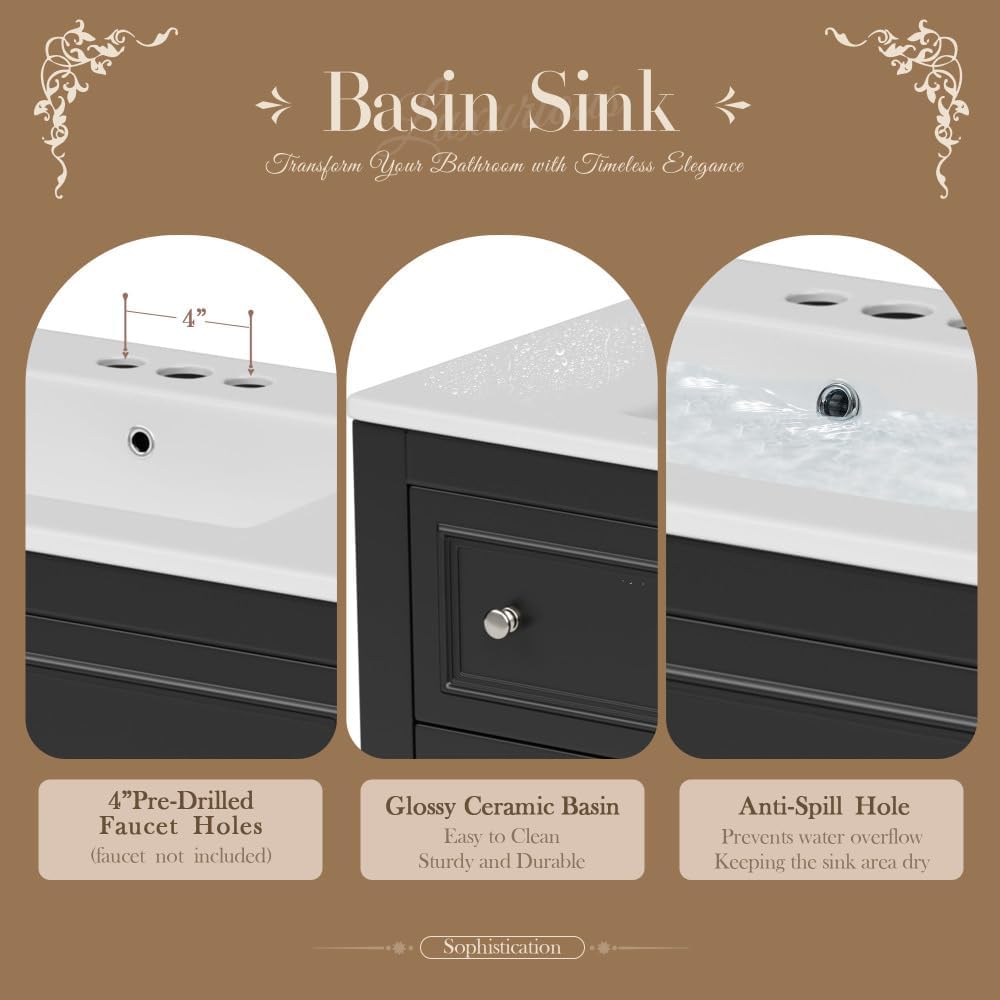 36 Inch Bathroom Vanity with Undermount Ceramic Sink, Free Standing Cabinet with 4 Drawers, Solid Wood Frame Modern Storage Set, Complete Single Basin Vanity for Bathroom (Black)