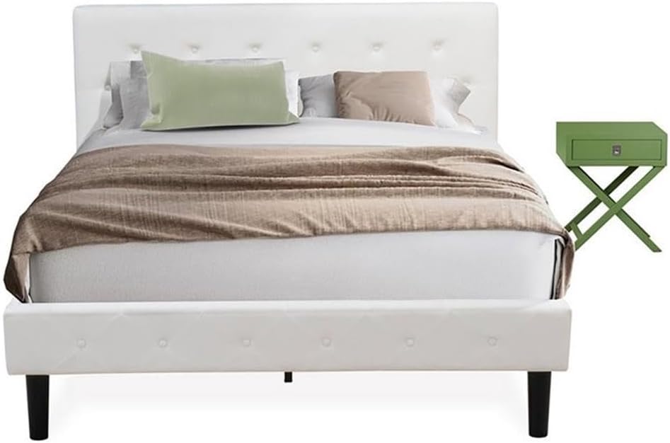 East West Furniture NL19Q-1HA12 2 Piece Bedroom Set - Button tufted Queen Size Bed - Linen white Velvet Fabric Upholstered Headboard and a Clover Green Finish Nightstand