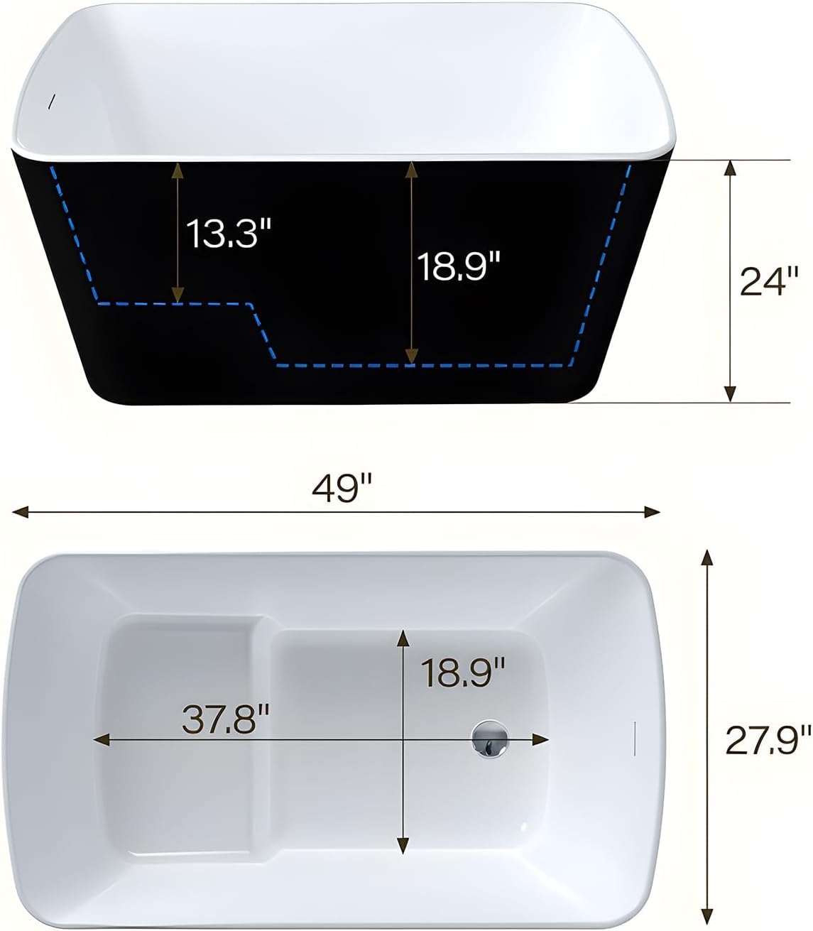 49 Inch Freestanding Bathtub Acrylic Deep Soaking Tub with Chrome Overflow & Drain, Compact Sit-In Design for Small Bathroom Renovation, Easy Install Modern (Black & Gloss White Finish)