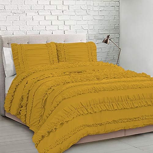 5 Piece Full Ruffles Layers Duvet Cover Set with Zipper Closure, 100% Egyptian Cotton, 1000 Thread Cotton - Full/Queen Size - Gold Solid