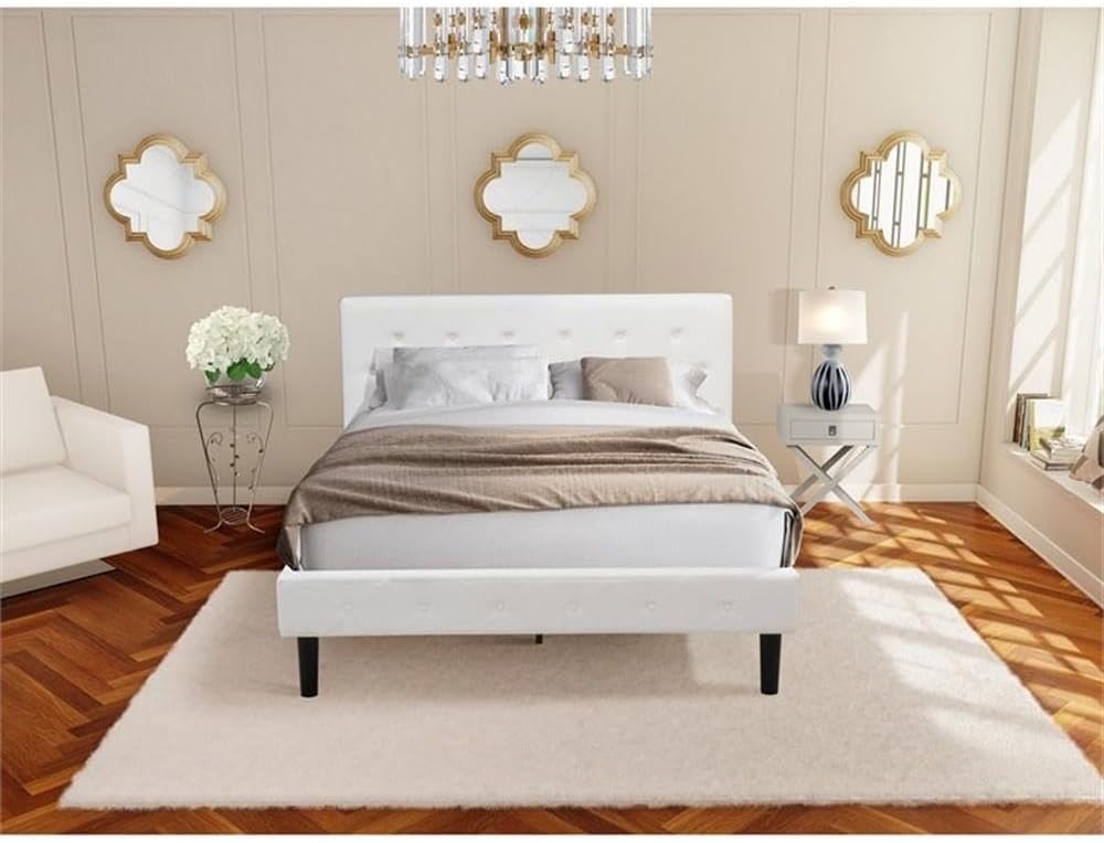 East West Furniture NL19Q-1HA14 2 Piece Bedroom Set - Queen Size Button Tufted Bed Frame - Linen white Velvet Fabric Upholstered Headboard and an Urban Gray Finish Nightstand