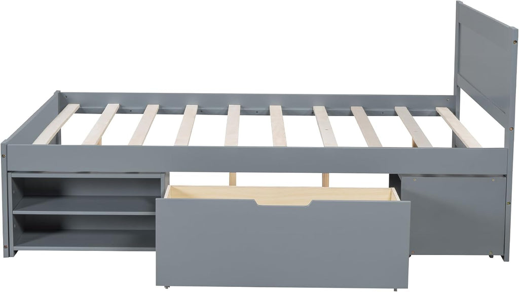 Wood Full Size Platform Bed with Storage Drawer and Removable Bedside Table, Modern Captain's Bed Frame with Shelves, Sturdy Slat Support, No Box Spring Required (Gray-9.29)