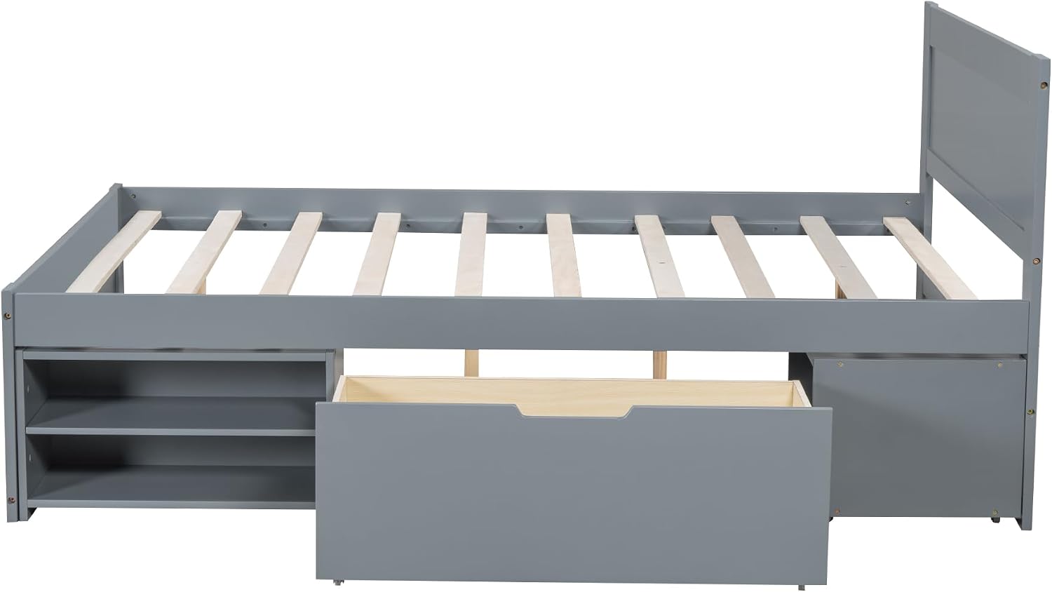 Wood Full Size Platform Bed with Storage Drawer and Removable Bedside Table, Modern Captain's Bed Frame with Shelves, Sturdy Slat Support, No Box Spring Required (Gray-9.29)