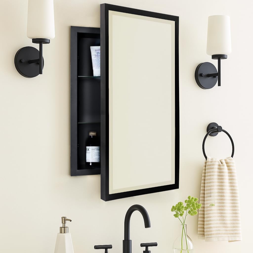TEHOME Black Recessed Bathroom Medicine Cabinet with Mirror Squared Corner Rectangle Metal Framed Medicine Cabinet with Beveled Mirror 20x30''