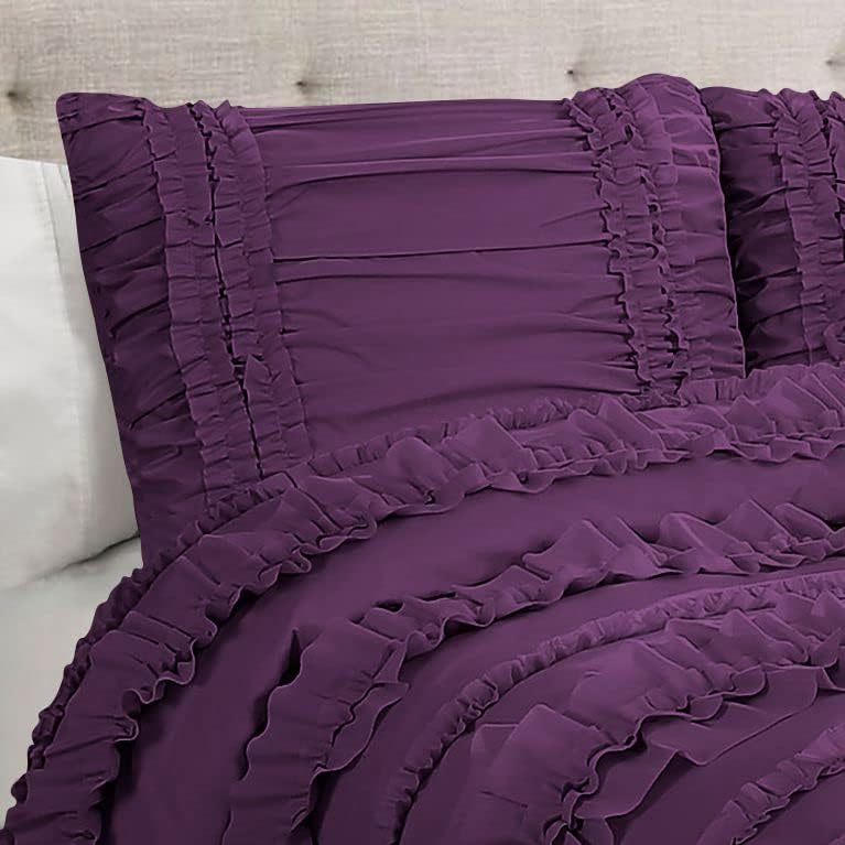 1 Piece Full Ruffles Layers Duvet Cover with Zipper Closure, 100% Egyptian Cotton, 1000 Thread Cotton - Twin/Twin XL Size - Plum Solid