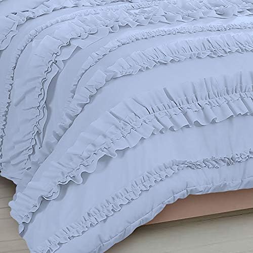 5 Piece Full Ruffles Layers Duvet Cover Set with Zipper Closure, 100% Egyptian Cotton, 1000 Thread Cotton - Full/Queen Size - Light Blue Solid