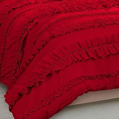 5 Piece Full Ruffles Layers Duvet Cover Set with Zipper Closure, 100% Egyptian Cotton, 1000 Thread Cotton - Full/Queen Size - Blood Red Solid