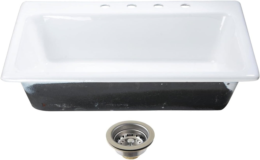 Kingston Brass Towne KGCKTS332291 33' Cast Iron Self-Rimming Single Bowl Drop-In Kitchen Sink with 4-Hole Drain and Strainer, White/Polished Chrome