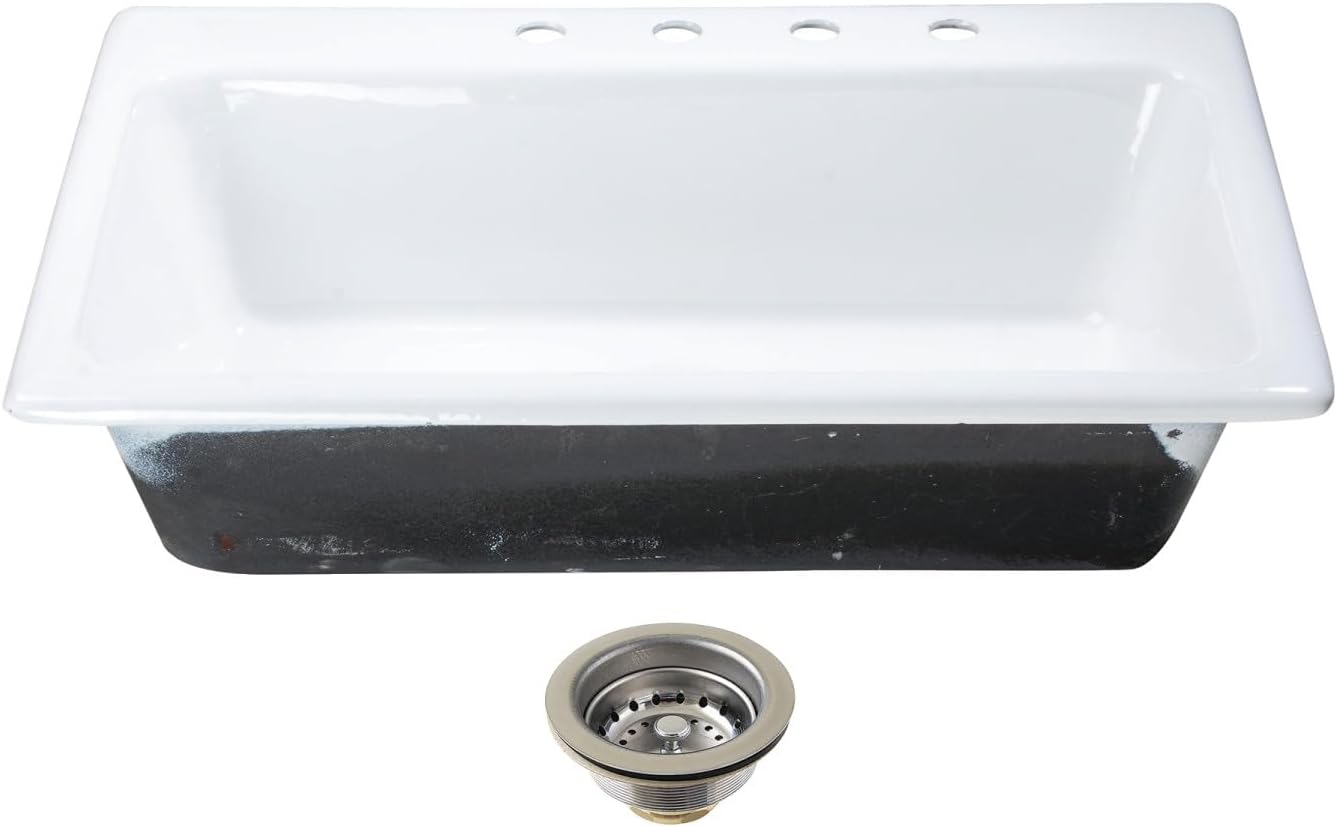 Kingston Brass Towne KGCKTS332291 33' Cast Iron Self-Rimming Single Bowl Drop-In Kitchen Sink with 4-Hole Drain and Strainer, White/Polished Chrome