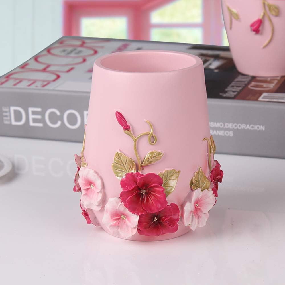 Bathroom Accessories Set Creativity Romantic Wedding Bath Set Resin Bath Ensemble Includes Toothbrush Holder, 2 Tumblers, Liquid Soap Dispenser, Soap Dish,Pink