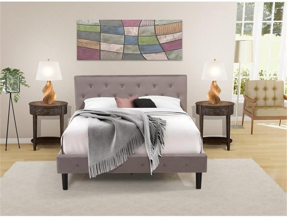East West Furniture NL14Q-2HI07 3 Piece Bedroom Set - Button Tufted Wooden Bed - Brown Taupe Velvet Fabric Upholstered Headboard and a Distressed Jacobean Finish Nightstand