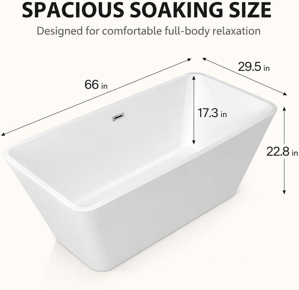 66' Freestanding Acrylic Soaking Tub,Large Freestanding Bathtub with Non-Slip Surface, Overflow and Drain Included, Freestanding Bathtub with Chrome Drain, Deep Stand-Alone Tub for Relaxing Home Spa