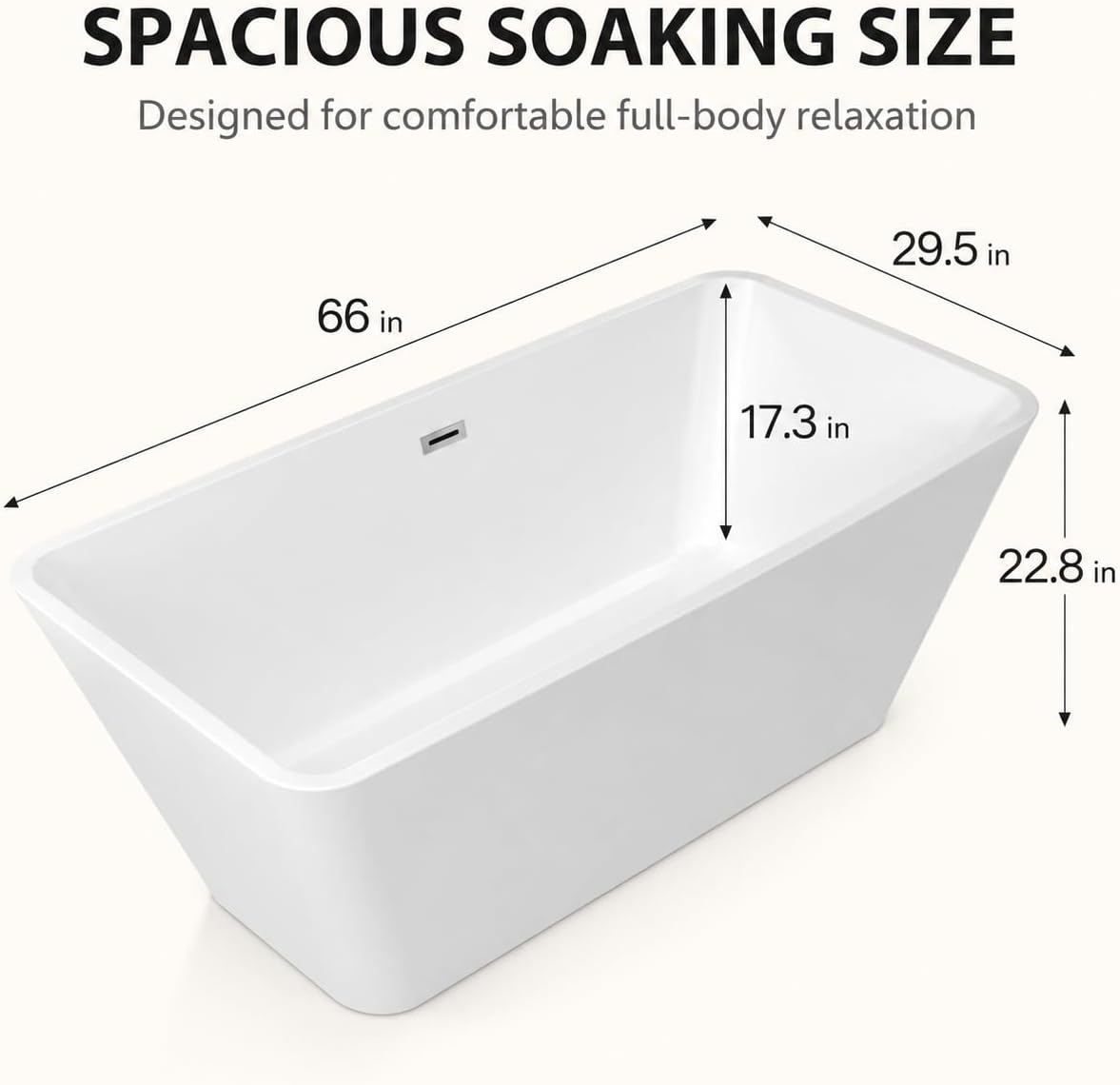 66' Freestanding Acrylic Soaking Tub,Large Freestanding Bathtub with Non-Slip Surface, Overflow and Drain Included, Freestanding Bathtub with Chrome Drain, Deep Stand-Alone Tub for Relaxing Home Spa