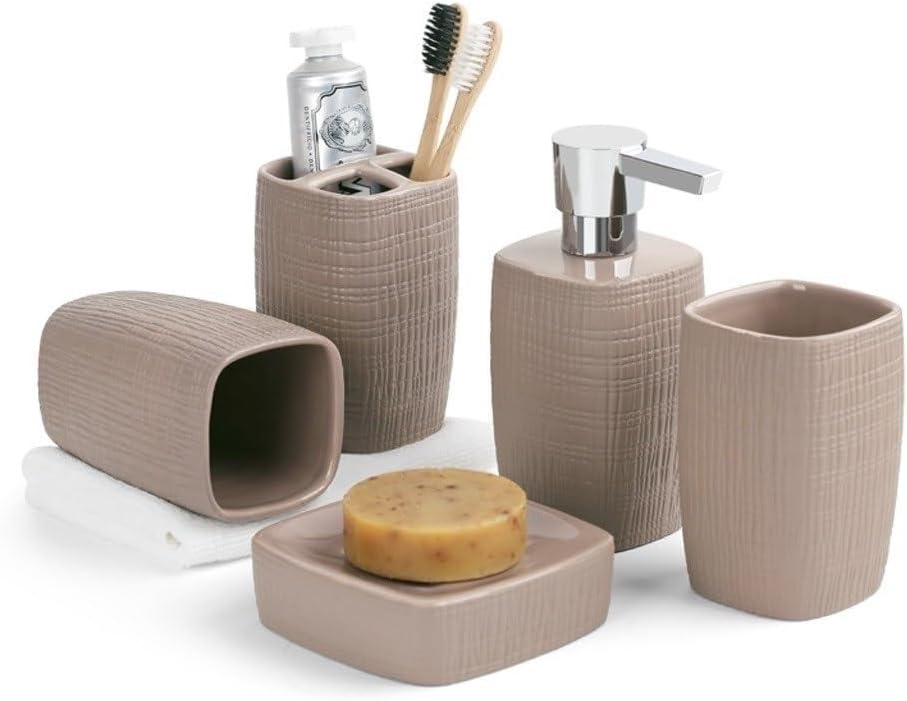 5-Piece Ceramic Bathroom Accessories Set, Soap Dispenser Toothbrush Holder Cup Soap Dish Bath Set(Khaki)