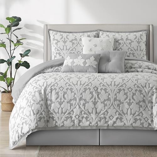 LANCO MODERN LIFESTYLE 7 Pieces Comforter Set, King, White Grey, Jacquard Floral Pattern and Classy Damask Medallion Design, Ultra Soft, Includes Bed Skirt, Shams, and Decorative Pillows