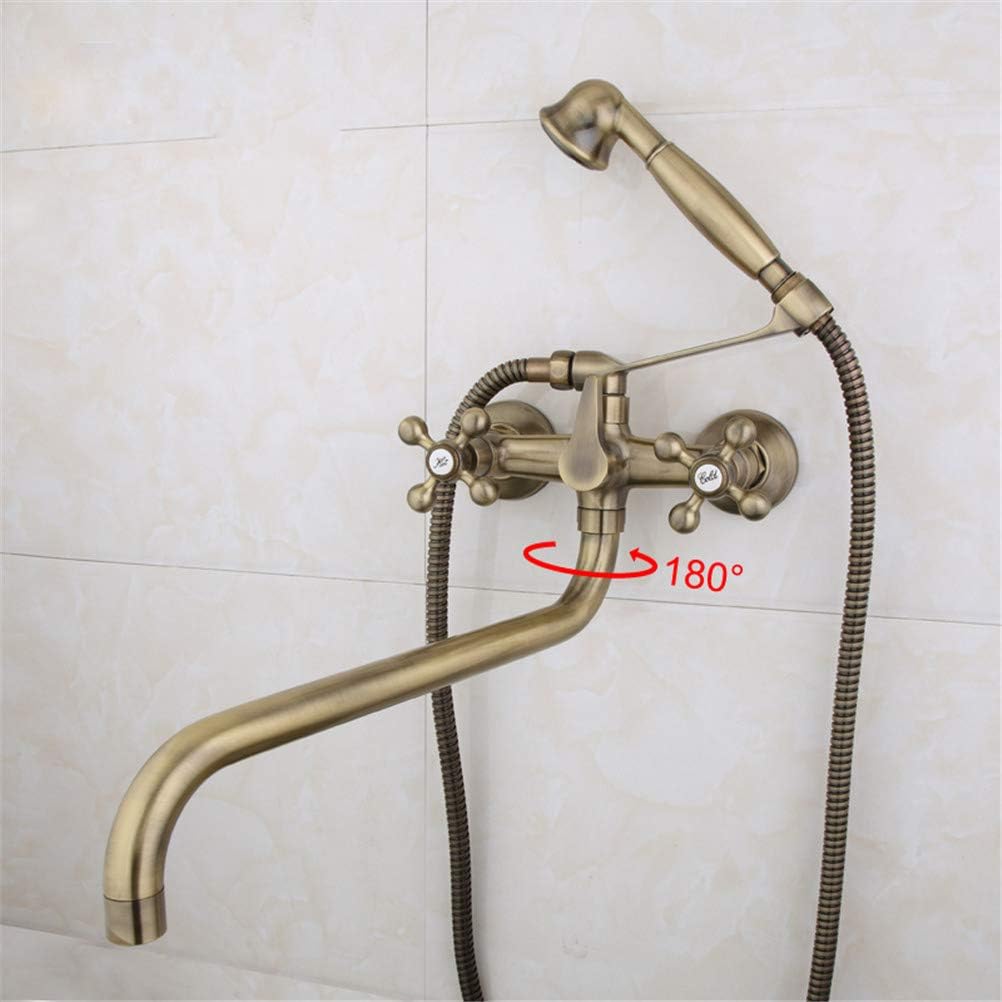 Wall Mounted Bathtub Faucet Antique Brass Shower Set Head and Hand Shower Bathroom Double Handle Dual Hole Shower Faucet with 36cm Nose