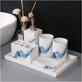 Ancient Style Bathroom Accessories Set Resin Bath Ensemble Includes Toothbrush Holder, 2 Tumblers, Liquid Soap Dispenser, Soap Dish, Printed Blue,with Right Angle Tray