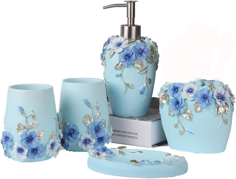 Bathroom Accessories Set Creativity Romantic Wedding Bath Set Resin Bath Ensemble Includes Toothbrush Holder, 2 Tumblers, Liquid Soap Dispenser, Soap Dish,Blue