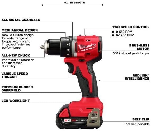 EMBER & VALOR 3601-22Ct mMilwaukee Tool 3601-22Ct M18 Compact Brushless 1/2 In. Drill/Driver Kit, Large, ‎red, Black