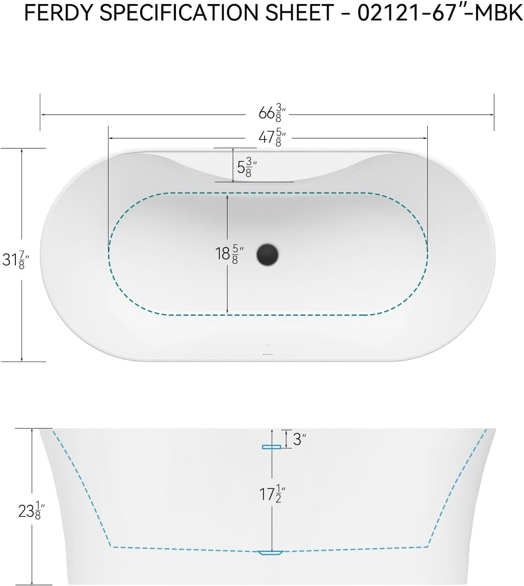 FerdY Santorini 67' Acrylic Freestanding Tub, Gracefully Shaped Contemporary Soaking Tub, Glossy White, cUPC Certified, Matte Black Toe-tap Drain and Overflow