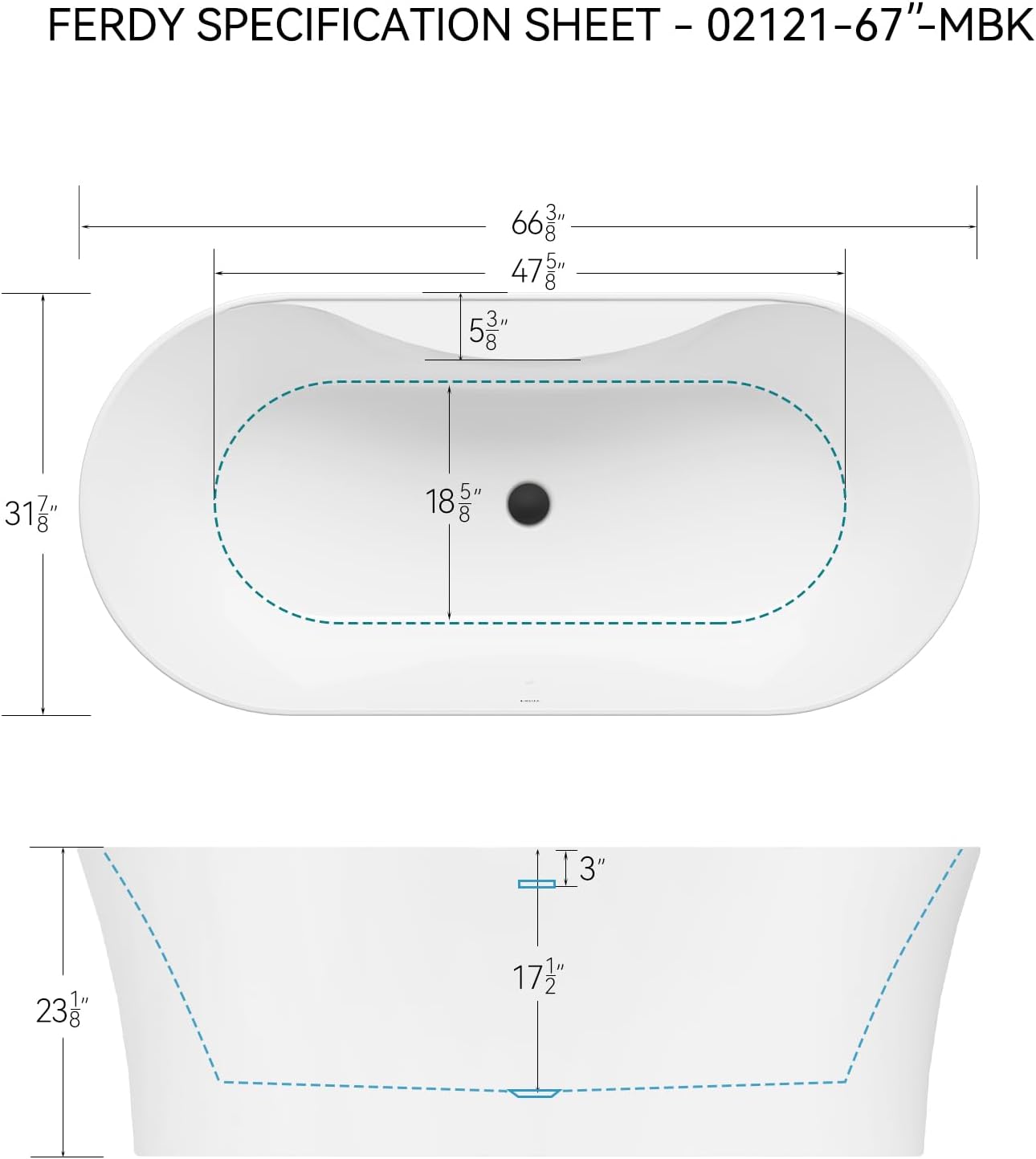 FerdY Santorini 67' Acrylic Freestanding Tub, Gracefully Shaped Contemporary Soaking Tub, Glossy White, cUPC Certified, Matte Black Toe-tap Drain and Overflow