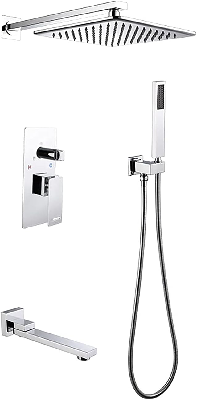 Shower System with Tub Spout 10' Square Rainfall Shower Head System with Handheld Combo Set, Wall Mounted Shower Faucet Set Complete (Color : Chrome)