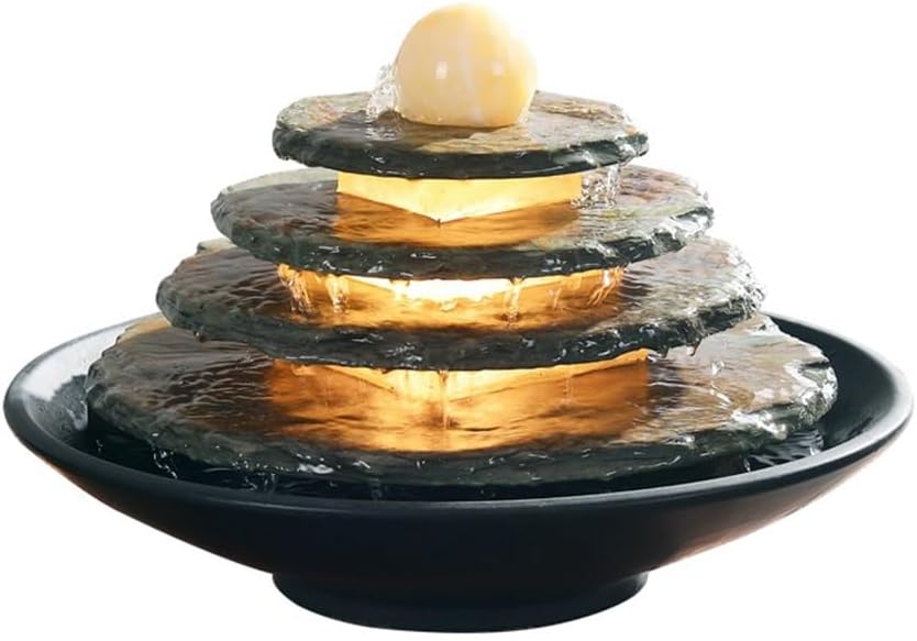 GRFIT Indoor Fountain Small Marble Ceramic Fountain with Round Shape and Circulating Water Flow Ornaments Tabletop Fountain