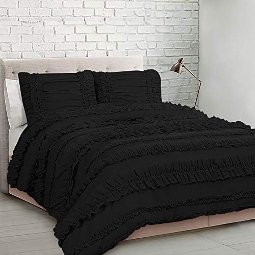 5 Piece Full Ruffles Layers Duvet Cover Set with Zipper Closure, 100% Egyptian Cotton, 1000 Thread Cotton - Full/Queen Size - Black Solid