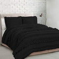 5 Piece Full Ruffles Layers Duvet Cover Set with Zipper Closure, 100% Egyptian Cotton, 1000 Thread Cotton - Full/Queen Size - Black Solid