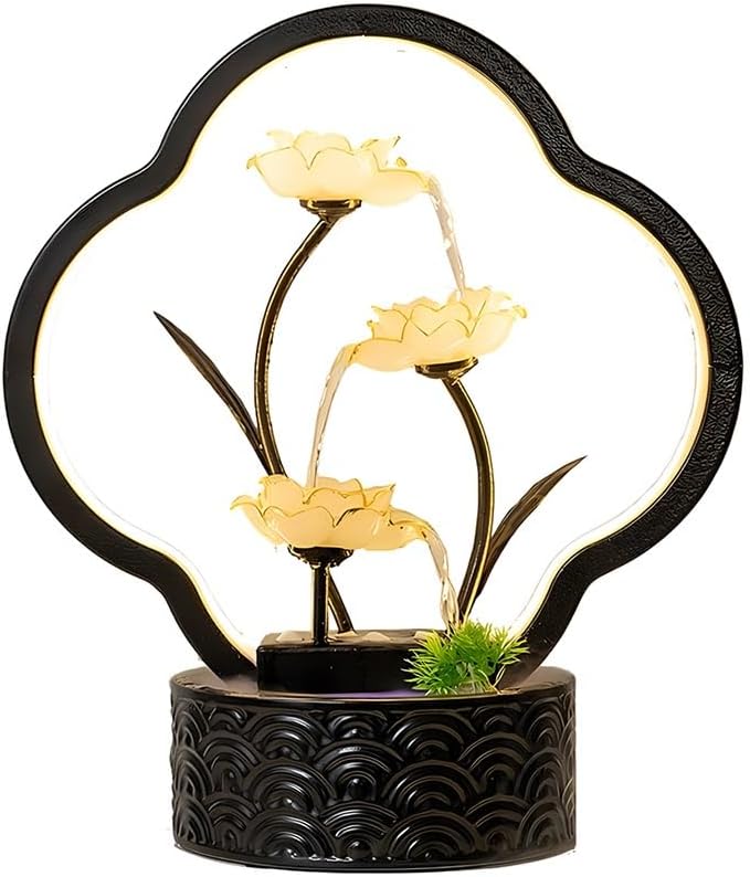 GZHERVICES 3-Tier Tabletop Fountain, Indoor Water Lily Water Serenity Fountain, Zen Meditation Indoor Waterfall Feature with LED Light for Home Office Bedroom Relaxation