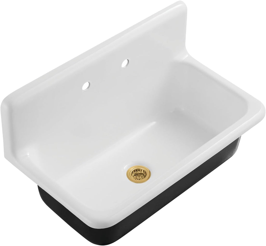 Kingston Brass Petra Galley KGCKWS3620117 Cast Iron Single Bowl Wall Mount Kitchen Sink with 2-Hole Drain and Strainer, White/Brushed Brass