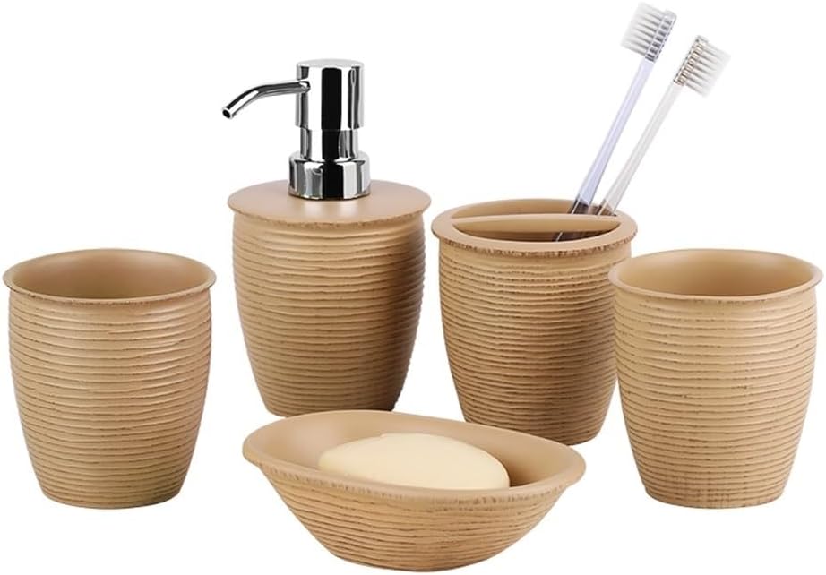 5-Piece Bathroom Accessory Set with Soap Dispenser, Toothbrush Holder, Tumbler & Soap Dish for Vanity Bath Set(Brown)
