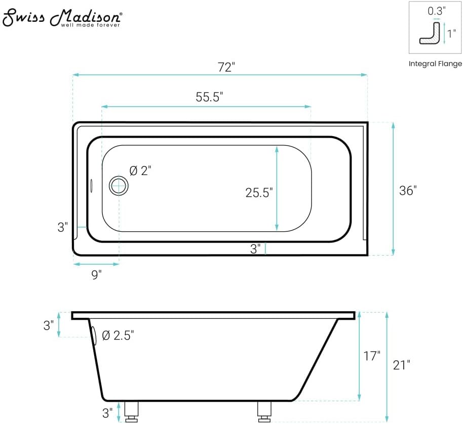 Swiss Madison Voltaire 72 x 36 Left Drain Soaking Alcove Bathtub in Glossy White with Integrated Armrest