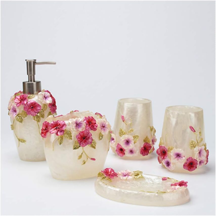 Bathroom Accessories Set Creativity Romantic Wedding Bath Set Resin Bath Ensemble Includes Toothbrush Holder, 2 Tumblers, Liquid Soap Dispenser, Soap Dish,Pearl White