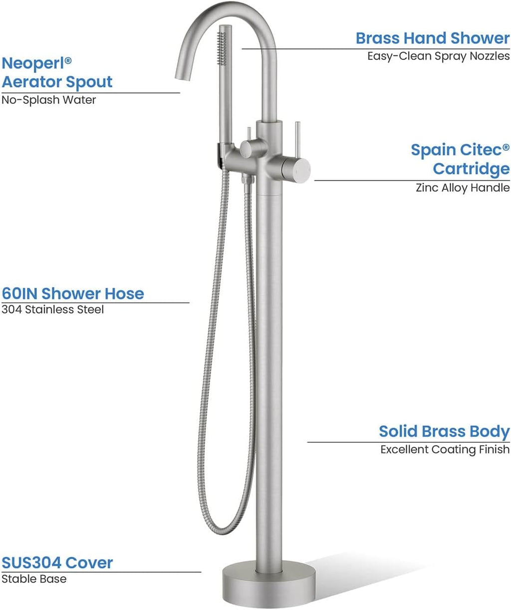 KIBI Circular Floor Mount Tub Filler with Hand Shower in Brushed Nickel, Solid Brass Single Handle Freestanding Bathtub Faucet with 360 Swivel Spout, Modern Bath Faucet for Tub and Shower (KTF301BN)
