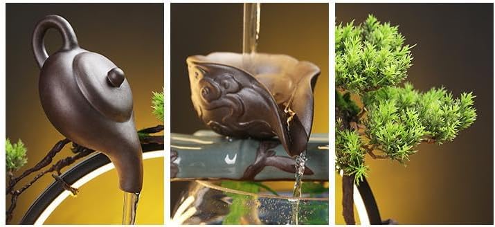 Fish Tank Feng Shui Tabletop Fountain with LED Light, Submersible Water Pump, No Filter or Battery Needed, Small Waterfall Fountain for Indoor Outdoor Garden Decoration (C)(B)