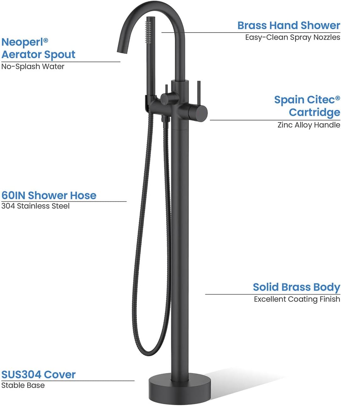 KIBI Circular Floor Mount Bathtub Faucet with Hand Shower Single Handle Freestanding Tub Filler Modern Bath Faucet Matte Black Finish Solid Brass KTF301