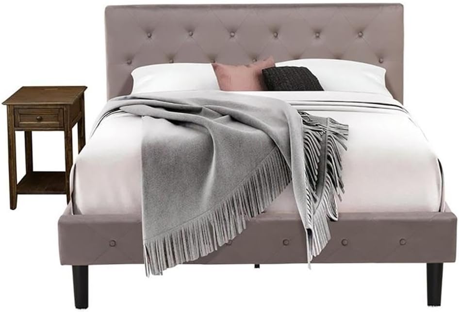 East West Furniture NL14Q-1DE07 2 Piece Queen Size Bedroom Set - Button Tufted Bed frame - Brown Taupe Velvet Fabric Upholstered Headboard and a Distressed Jacobean Finish Nightstand