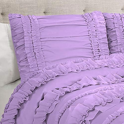 5 Piece Full Ruffles Layers Duvet Cover Set with Zipper Closure, 100% Egyptian Cotton, 1000 Thread Cotton - Full/Queen Size - Lavender Solid