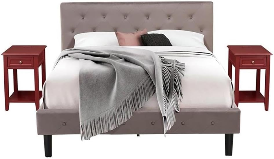 East West Furniture NL14Q-2DE13 3 Piece Queen Size Bedroom Set - Button Tufted Bed Frame - Brown Taupe Velvet Fabric Upholstered Headboard and a Burgundy Finish Nightstand