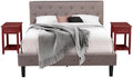 East West Furniture NL14Q-2DE13 3 Piece Queen Size Bedroom Set - Button Tufted Bed Frame - Brown Taupe Velvet Fabric Upholstered Headboard and a Burgundy Finish Nightstand