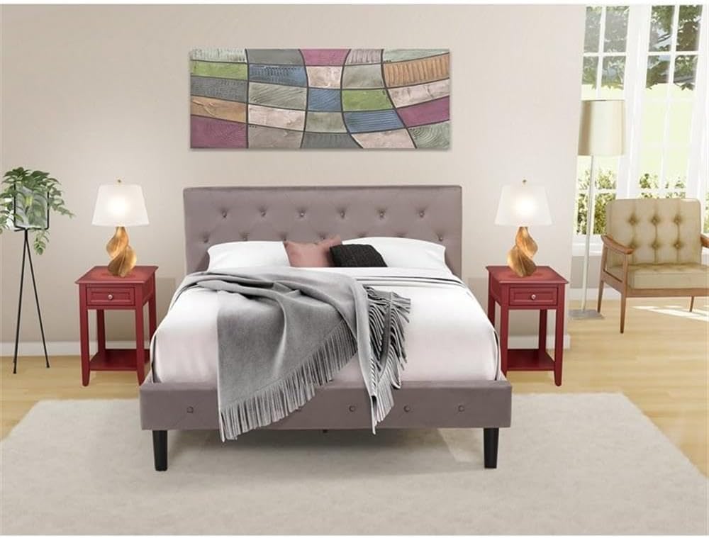 East West Furniture NL14Q-2DE13 3 Piece Queen Size Bedroom Set - Button Tufted Bed Frame - Brown Taupe Velvet Fabric Upholstered Headboard and a Burgundy Finish Nightstand
