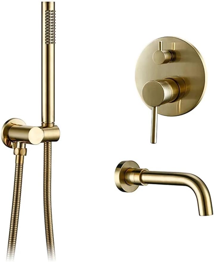 Bathtub Faucet with Shower, Tub Taps Hot and Cold Bathroom Faucet Brushed Brass Shower Faucet Diverter, with Wall Mount Spout Handheld Hose Bathtub Filler Mixer Tap Set,Brushed Gold