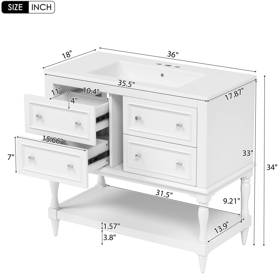 36 Inch Bathroom Vanity with Undermount Ceramic Sink, Free Standing Cabinet with 4 Drawers, Solid Wood Frame Modern Storage Set, Complete Single Basin Vanity for Bathroom (White)