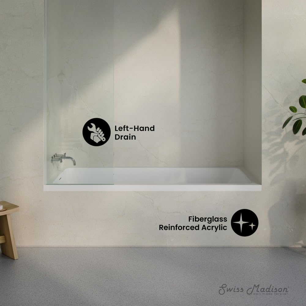 Swiss Madison Voltaire 72 x 36 Left Drain Soaking Alcove Bathtub in Glossy White with Integrated Armrest