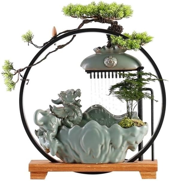 Tabletop Fountains, Ceramic Tabletop Fountain with LED Light Ring and Backflow Incense Burner Holder Circulating Water Feature