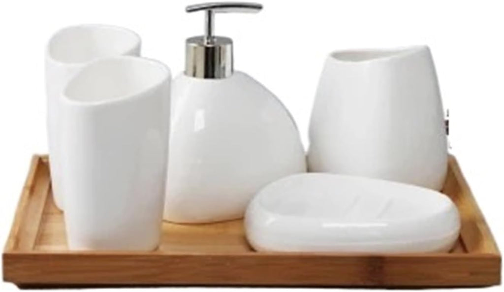 Bathroom Soap Dispenser Set Ceramic Bathroom Accessories Set Soap Dispenser Toothbrush Holder Toothbrush Cup Soap Box Tray Toilet Brush Bathroom Supplies(White)