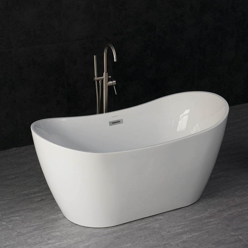 WOODBRIDGE 59' Acrylic Freestanding Bathtub Contemporary Soaking White Tub with Chrome Overflow and Drain